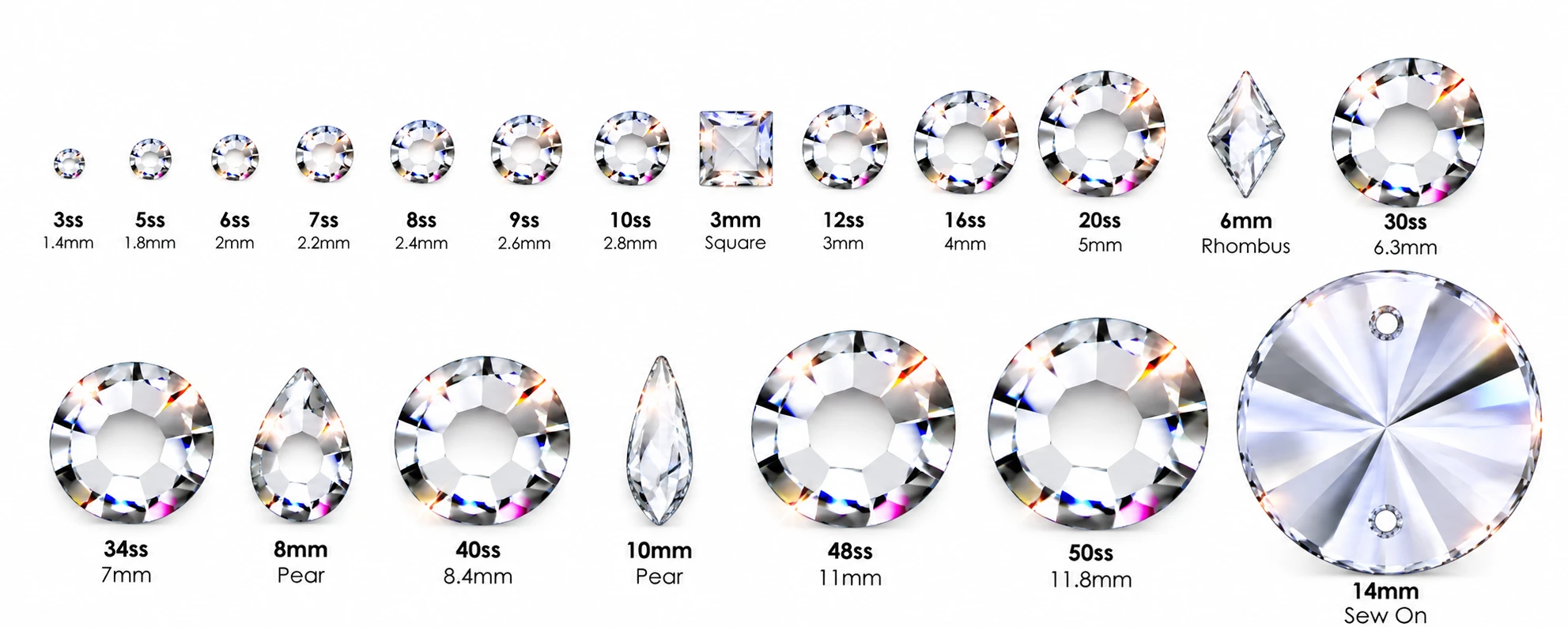 Rhinestone size guide showing round rhinestones, small crystal shapes and large sew-on stones