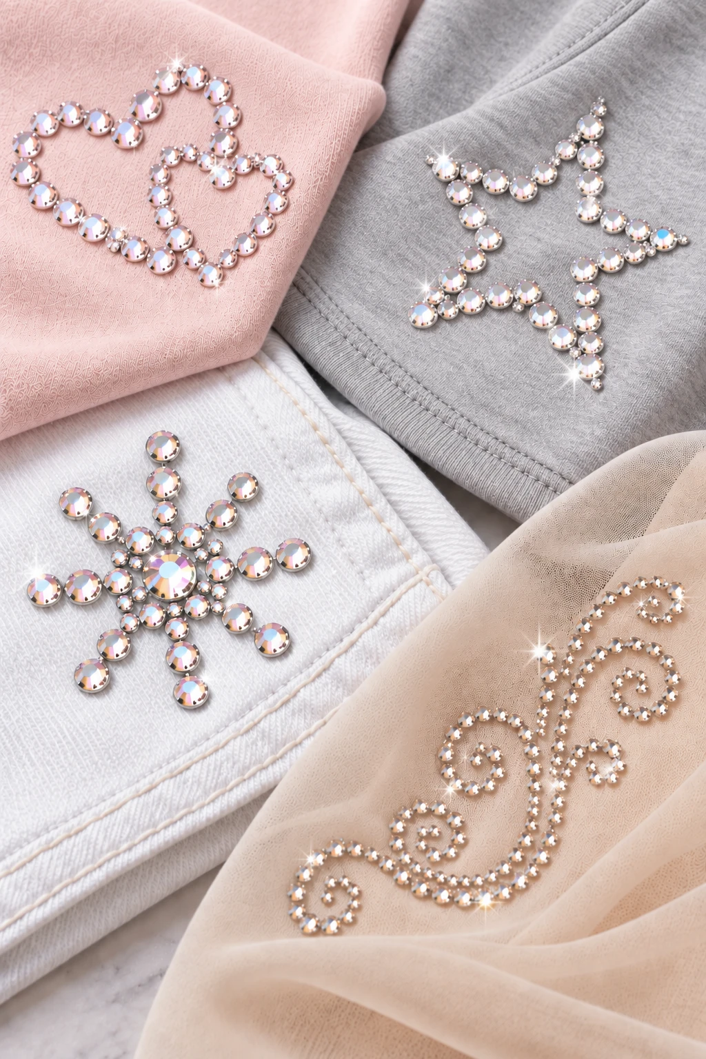 Testing hotfix rhinestones on fabric swatches