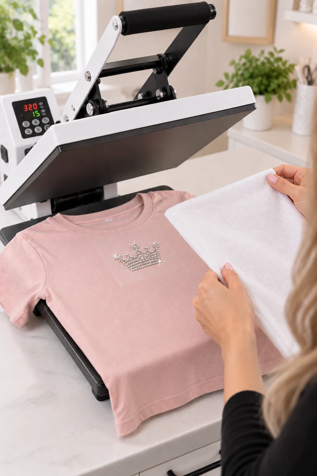 Applying a rhinestone transfer with a heat press