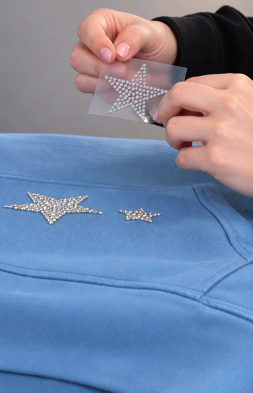 Premade hotfix rhinestone transfer being positioned on a garment
