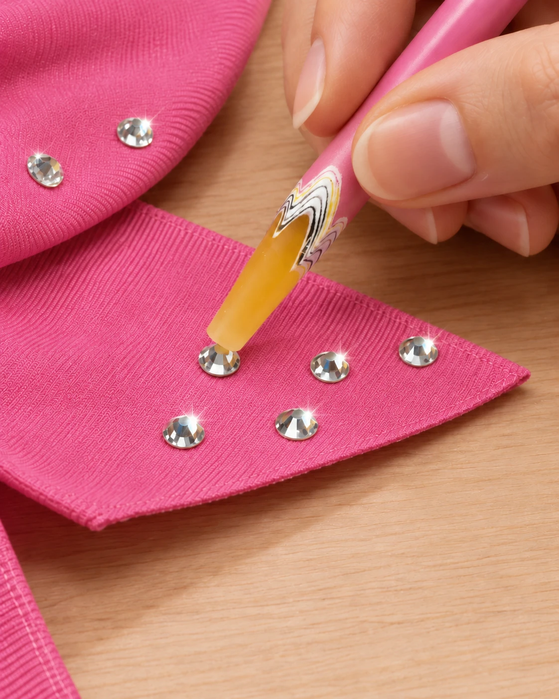 A wax pickup pencil placing a clear rhinestone on pink fabric