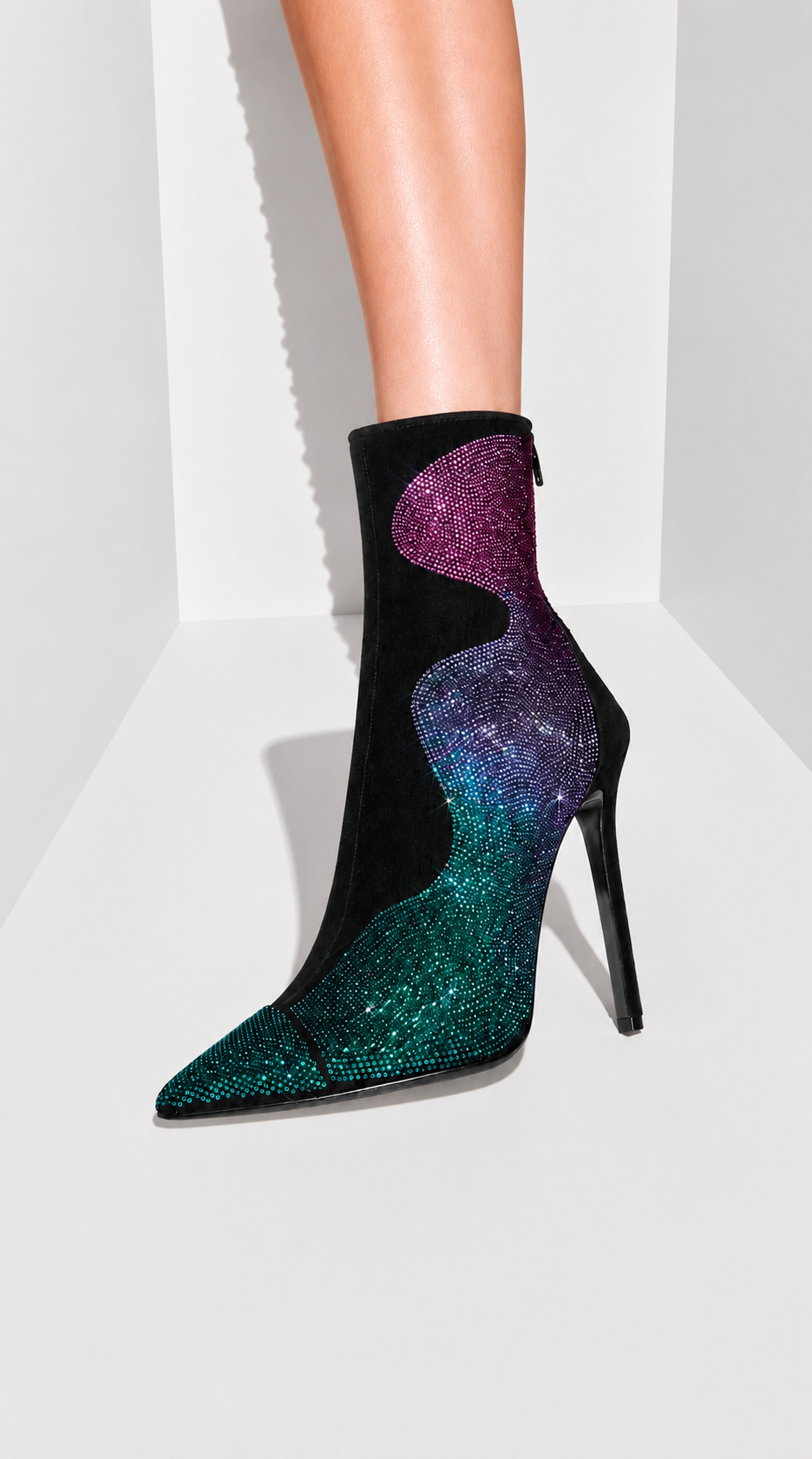 Model wearing crystal-embellished heels