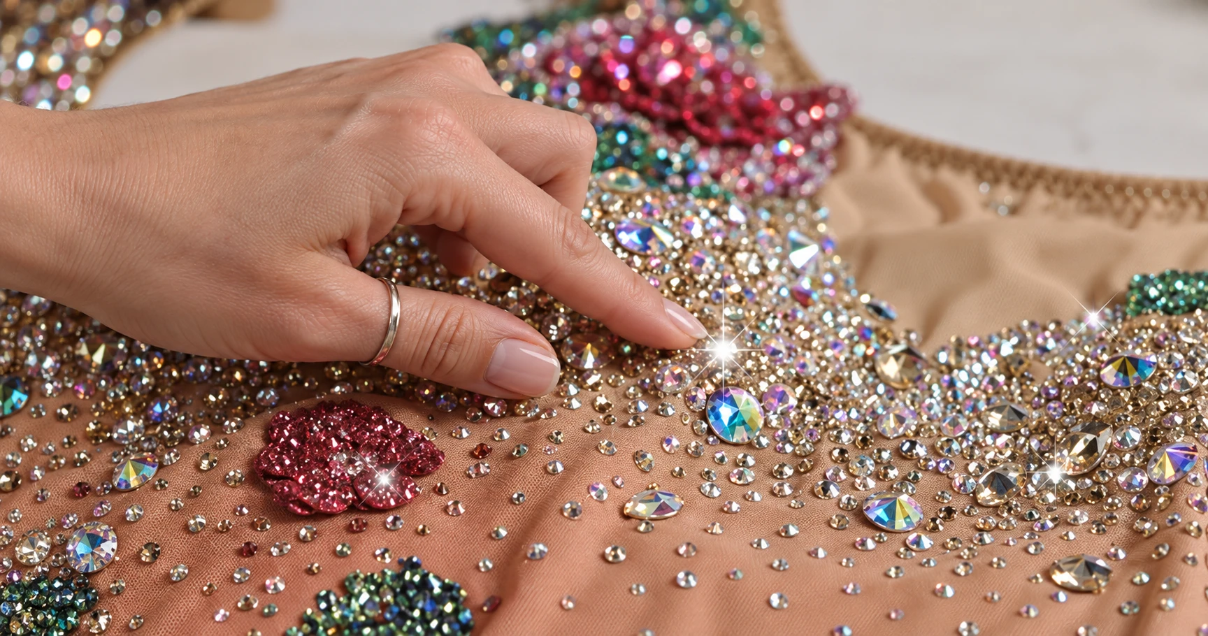 Rhinestone costume detail being evaluated for design and product selection