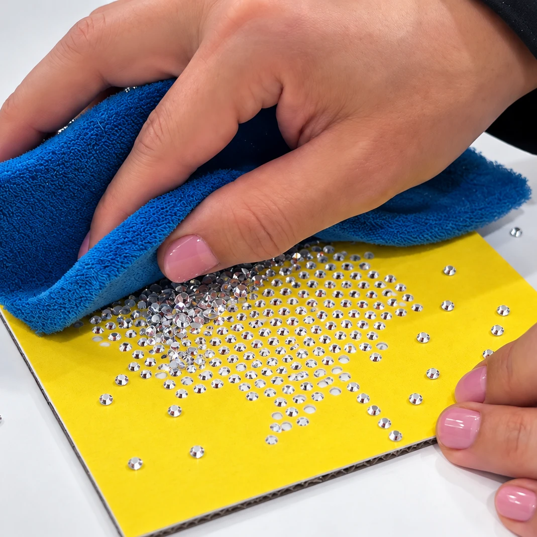Brushing hotfix rhinestones into the holes of a yellow rhinestone flock template