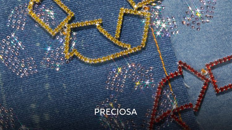 Rhinestone-embellished denim with the Preciosa wordmark