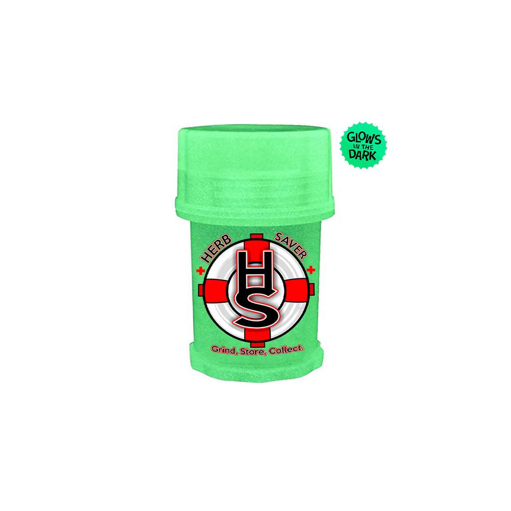 Illuminated view of the Mini Glow in the Dark 4-piece Herb Saver weed grinder, featuring a compact design with grinder, container, and kief catcher components.