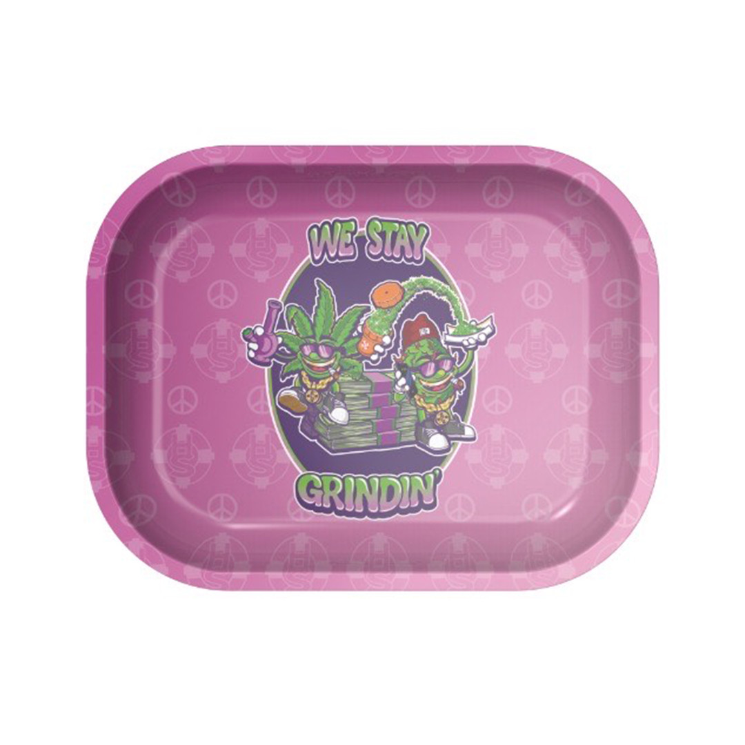Purple metal rolling tray with weed cartoons 