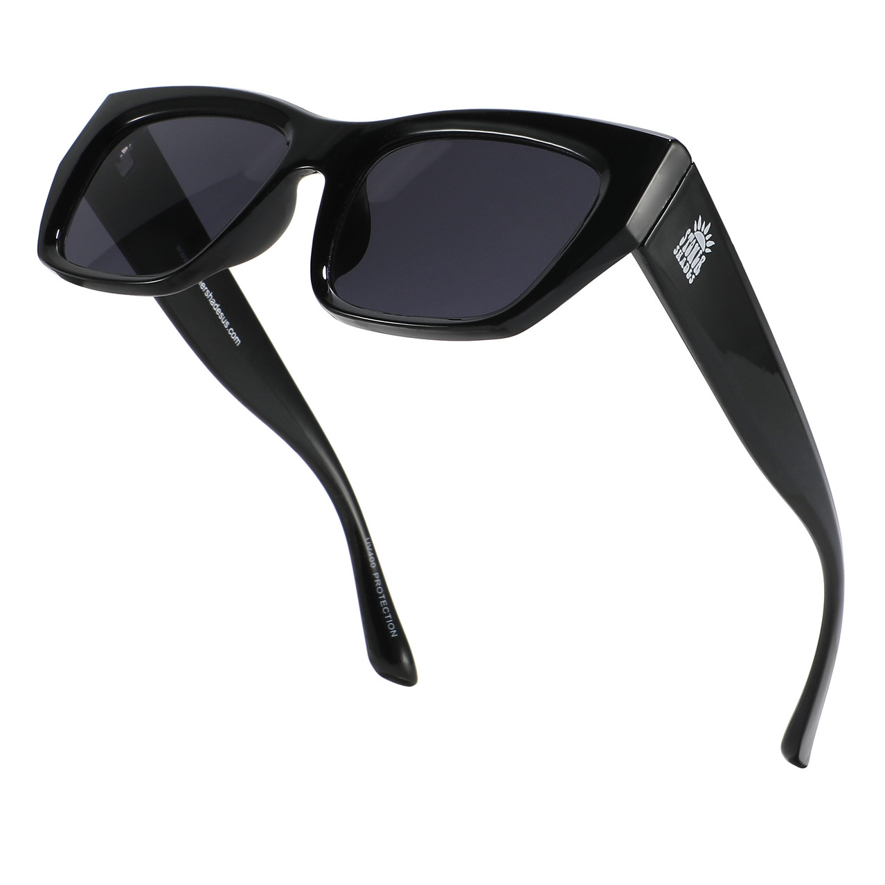 A pair of black sunglasses with thick frames, dark lenses, and a small white logo on the temple.