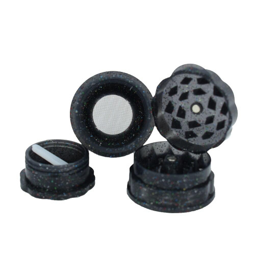 Black Glitter Mini Herb Saver - 4-piece travel grinder with precision kief screen for optimal herb collection.