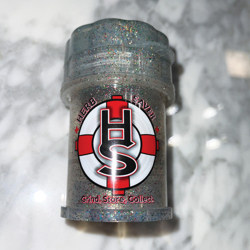 Large clear glitter Herb Saver 4-piece weed grinder, limited edition. Elevate your herb grinding experience.