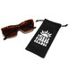 A set of sunglasses accompanied by a pouch, emphasizing their modern style and practical carrying solution.