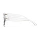 Clear plastic sunglasses positioned on a white background, emphasizing their minimalist design and fashionable appeal.
