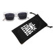 A pair of stylish sunglasses accompanied by a protective pouch and a sleek black bag for storage and transport.