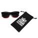 A pair of faded frames sunglasses, neatly arranged with a pouch and a black bag, perfect for fashionable storage.
