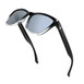 A pair of faded black-framed sunglasses featuring sleek silver lenses, showcasing a stylish and modern design.