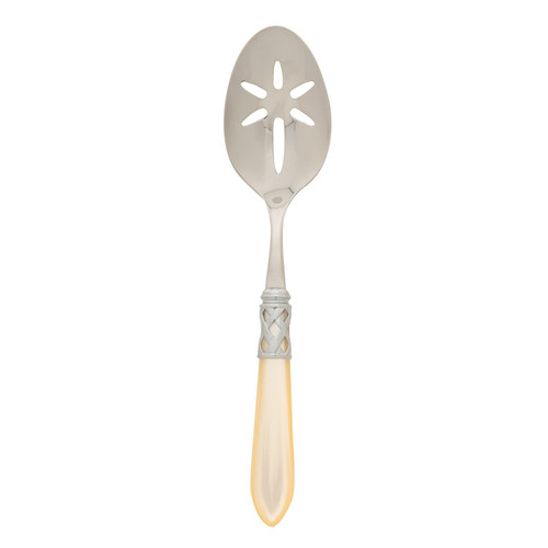 The Aladdin Antique Slotted Serving Spoon in ivory features elegant pearlized handles, with the strength of high-grade acrylic and 18/10 stainless steel.
11"L
ALD-9818I