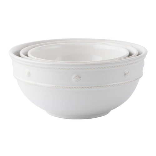 Berry & Thread Whitewash Mixing Bowls Set/3

№ JA84SET/W

From our Berry & Thread Collection - Created for your messiest mixes but pretty enough to use as serving pieces, our set of three mixing bowls is an indispensable addition to your home. Rimmed with our berry and thread motif. Classic in white. 

Measurements:
8" Bowl: 8" W x 3.75" H (1.75 quarts)
9" Bowl: 9" W x 4.5" H (3 quarts)
10.25" Bowl: 10.25" x 5" H (5 quarts)
Made of Ceramic Stoneware
Oven, Microwave, Dishwasher, and Freezer Safe
Made in Portugal