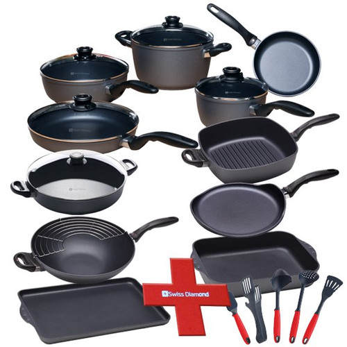 Estate Cookware 22 Piece Set

Just built that dream kitchen and need the perfect cookware to go with it?  Look no further than the Swiss Diamond 22 Piece Estate Cookware Set.  This set has just about everything you could want in one great kitchen set.   Our patented diamond-reinforced nonstick coating promotes healthy cooking and easy cleaning, so you can enjoy more time enjoying your new kitchen and less time with your head in the sink.  The included kitchen tools will round out this complete set, while the pan protectors will make sure your investment stays perfect for a long time to come.   The set contains:

Fry Pan (8") - 6420
Fry Pan with lid (10.25") - 6426c
Saute Pan with lid (9.5" / 3.2qt.) - 6724c
Sauce Pan with lid (7" / 2.2qt,) - 6718c
Soup Pot with lid (9.5" / 5.5qt.) - 6124c
Large Roasting Pan (5.8qt.) - 63526
Wok with rack (12.5" / 5.5qt.) - 61130c
Sauteuse with lid (12.5" / 4.5qt.) - 6632c
Crepe Pan (10.25") - 6226
Nonstick Deep Square Grill Pan (11 x 11") - 66281
Double Burner Griddle - 64328
Felt Pot Protectors - SDA08
5 Piece Tool Set - SDTSET02
As with all of Swiss Diamond pots & pans, these come with an ergonomic stay cool handles, and are oven-safe to 500 degrees F.

Item #: ES009