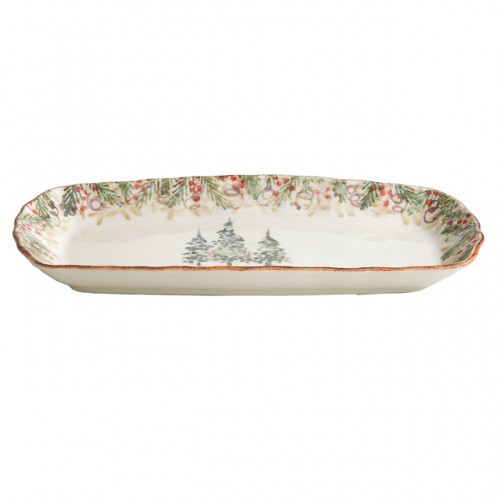 Natale is the perfect collection to entertain through the winter season. Berries and pine boughs surround the snowy evergreens. Our Natale Tray is perfect for serving holiday treats. Hand made in Italy.

Microwaveable (may get hot) and dishwasher safe on the low heat, air-dry setting.

Dimensions: 13.5" L X 7" W
SKU: NAT2120