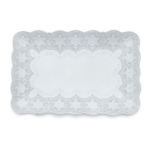 A delicate white glaze, a rich, black clay and an vintage lace pattern blend beautifully to create this stunning tray. Italian ceramic, Hand made in Italy.

Microwavable, oven & dishwasher safe on the low-heat/air-dry setting.

Dimensions: 8.5" D X 9.25" H
SKU: MER233W