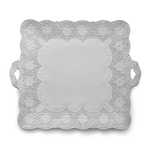 A delicate white glaze, a rich, black clay and an vintage lace pattern blend beautifully to create this stunning platter. Italian ceramic, Hand made in Italy.

Microwavable, oven & dishwasher safe on the low-heat/air-dry setting.

Dimensions: 13.75" SQ
SKU: MER0043W