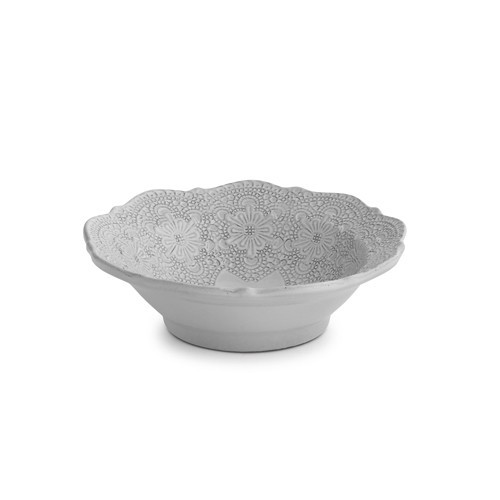 A delicate white glaze, a rich, black clay and an vintage lace pattern blend beautifully to create this stunning bowl. Italian ceramic, Hand made in Italy.

Microwavable, oven & dishwasher safe on the low-heat/air-dry setting.

Dimensions: 7.25" D
SKU: MER1319W