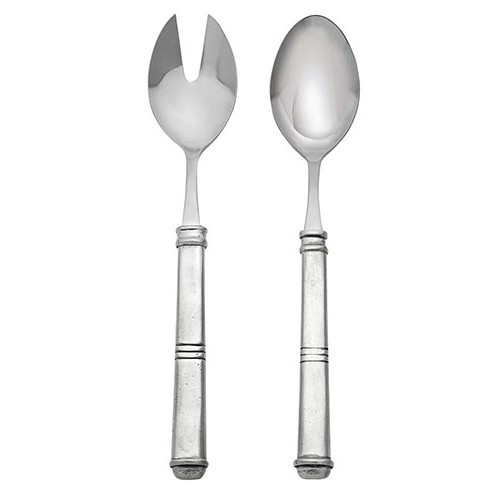The classic lines of this solid pewter handled salad set showcase the talents of fine Italian artisans. Italian pewter and 18/10 stainless steel, Hand made in Italy.

Dishwasher safe on the low-heat/air-dry setting, non-abrasive detergent recommended.

Dimensions: 10.5" L
SKU: P2521