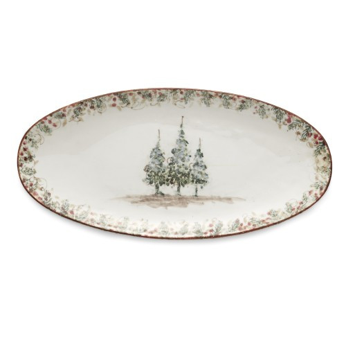 Natale is the perfect collection to entertain through the winter season. Berries and pine boughs surround the snowy evergreens. Our Natale Oval Platter is perfect for entertaining, use it to serve up holiday favorites. Hand made in Italy.

Microwaveable (may get hot) and dishwasher safe on the low heat, air-dry setting.

Dimensions: 15" L X 7.25" W X 1.25" H
SKU: NAT6813