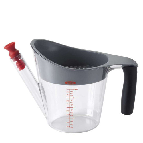 OXO Good Grips 4 Cup Fat Separator

Cuts the fat out for perfectly lean gravy without the mess

Simply pour gravy into the heat-resistant Separator and watch the fat rise to the top. The strainer catches unwanted bits, and the stopper keeps fat out of the spout. A shield prevents the gravy from spilling over the top of the Separator when you pour. Features convenient measurement markings and a non-slip handle. Dishwasher safe. 2-Cup size also available.

7'' x 9'' x 5''

4 cups