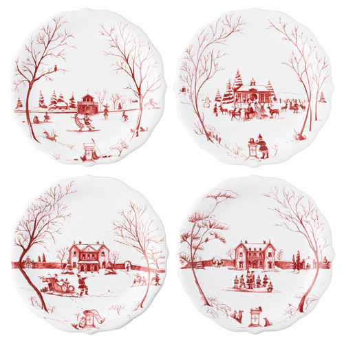 Juliska Country Estate Winter Frolic "Mr. & Mrs. Claus" Ruby Party Plates Set/4
CE66SET/73
8.5"D

Juliska's charming English Country Estate is snow covered for the holidays! In this latest chapter of the estate at Christmastime, Santa & Merry celebrate with all the North Pole inhabitants. Each charming party plate from plumpuddingkitchen.com in this set of four features a unique scene:

Santa & Merry ice skating on the pond outside the Boathouse
Santa, Merry and the elves caroling in front of the Main House
Sleigh rides behind the Main House
Feeding the reindeer at the Stable