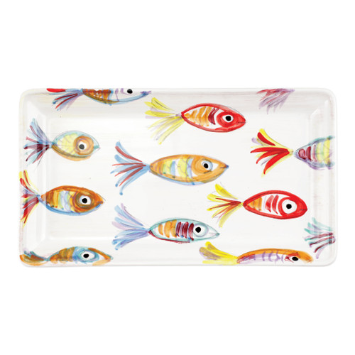 Vietri Pesci Colorati Rectangular Platter

PSE-7827

14"L, 7.75"W

Vietris Pesci Colorati from plumpuddingkitchen.com portrays the subtle nuances of a varied school of fish in bold, saturated colors while maestro artisans embrace their craft to illustrate the careful attention to detail in this one-of-a-kind design.

Handpainted on terra bianca in Tuscany.   Dishwasher Safe.
