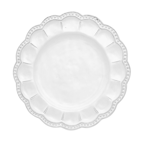 This dinnerware was created by an Italian fashion designer then hand-crafted using a delicate white glaze over stoneware. The beautiful details create an elegant, unique addition to any table. Italian Stoneware, Hand made in Italy.

Microwavable, oven & dishwasher safe.

9" D