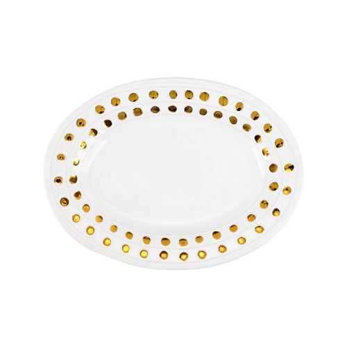 Vietri Medici Gold Medium Oval Platter

MDC-4425G
14.75"L, 10.75"W

The classic design and subtle elegance of this beautiful collection from plumpuddingkitchen.com pay tribute to the noble Medici family and their contribution to Florence's prosperity as they encouraged art and humanism to flourish while inspiring the Italian Renaissance.

Handpainted on terra bianca in Umbria.

Dishwasher safe - not microwave safe.