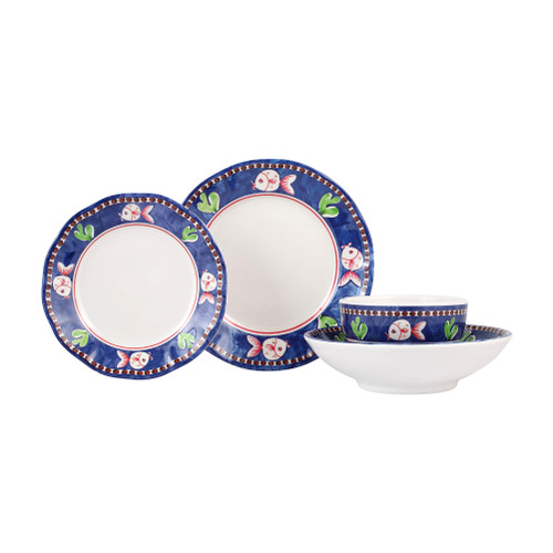 Vietri Melamine Pesce Four-Piece Place Setting

MPES-2300S-4
5" - 10"D, 2.5" - 2.75"H

Set includes dinner, salad,  cereal and pasta.

Inspired by the famed Amalfi Coast, Melamine Campagna from plumpuddingkitchen.com pays tribute to Vietri's flagship dinnerware, Campagna, and offers endless possibilities for artistic entertaining with colorful patterns that capture the vitality of the Italian countryside. 

Lightweight yet sturdy with a glossy finish, this collection is ideal for outdoor use or meals with children.

BPA FREE and made of 100% melamine in Philippines.

Dishwasher safe - not microwave safe.