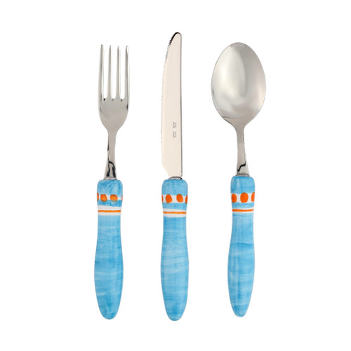 Vietri Positano Flatware Light Blue Three-Piece Place Setting

PTF-8700SLB
8.25" - 9"L

Includes Place Spoon, Place Knife and Place Fork

With its cheerful colors and handpainted handles, Positano from plumpuddingkitchen.com pays tribute to Vietri's famed dinnerware collection, Campagna, while spreading joy with every bite.

Made of 18/10 stainless steel, ceramic handle handpainted in Campania.

Dishwasher safe.