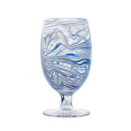 Puro Marbled Glass Blue Goblet

PGM116/44
3.25"D, 6.25"H, 16oz

Like swirling water and the decorative pages of Florentine leather-bound books, this marbled goblet adds an eclectic splash to your everyday table with its captivating motif in soft seaglass hues of white, blue, and green for a joyful pop of color. These chic vessels are perfect for your morning juice and add a super stylish layer to place settings - the abstract pattern mixes beautifully with everything.