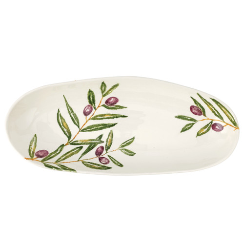 Vietri Oliva Narrow Oval Platter
OVA-9733
17"L, 7.25"W

Quintessentially Italian, Vietri's Oliva from plumpuddingkitchen.com celebrates both the natural beauty of Italy's olive groves and the olive branch's message of hope, peace, and goodwill. 

Maestro artisan Gianluca Fabbro delocately handsponges the detailed designs onto each crisp peice, and the result is both striking and a versatile base for a table.

Handpainted on terra bianca in Veneto.

Dishwasher and microwave safe.
