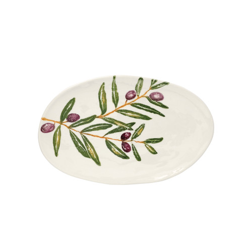 Vietri Oliva Small Oval Platter
OVA-9724
13"L, 8"W

Quintessentially Italian, Vietri's Oliva from plumpuddingkitchen.com celebrates both the natural beauty of Italy's olive groves and the olive branch's message of hope, peace, and goodwill. 

Maestro artisan Gianluca Fabbro delocately handsponges the detailed designs onto each crisp peice, and the result is both striking and a versatile base for a table.

Handpainted on terra bianca in Veneto.

Dishwasher and microwave safe.
