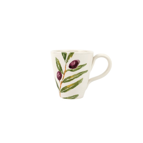 Vietri Oliva Mug
OVA-9710
4"H, 14oz

Quintessentially Italian, Vietri's Oliva from plumpuddingkitchen.com celebrates both the natural beauty of Italy's olive groves and the olive branch's message of hope, peace, and goodwill. 

Maestro artisan Gianluca Fabbro delocately handsponges the detailed designs onto each crisp peice, and the result is both striking and a versatile base for a table.

Handpainted on terra bianca in Veneto.

Dishwasher and microwave safe.