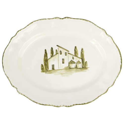 Vietri Borgo Verde Oval Platter

BGV-7824
17.75"L, 13.25"W

Capture the quiet poetry of the Tuscan countryside with the Borgo Verde collection from plumpuddingkitchen.com. 

Handpainted vignettes in a soft green hue depict a charming villa nestled amidst slender cypress trees. 

Timeless and pastoral, these pieces invite an ambiance of relaxed, understated elegance.

Handpainted on terra bianca in Tuscany.

Dishwasher safe.