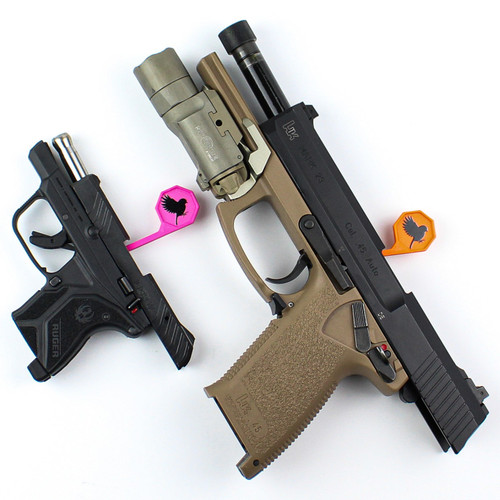 Pink and orange chamber flag work for several firearms, unique design fits in .22lr chambers and beyond.