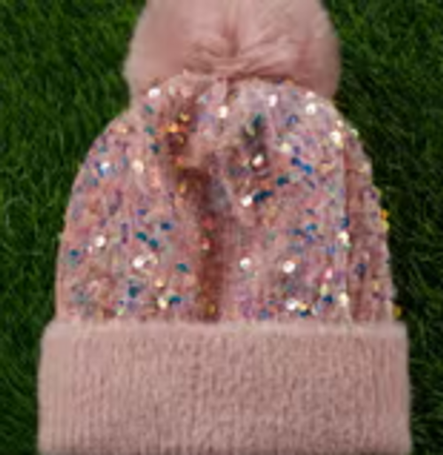 Girls Sequins Beanie with Pom Pom