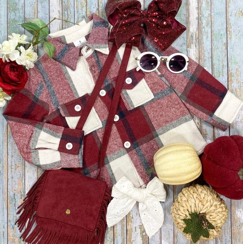 Girls Maroon Plaid Cotton Flannel Shacket Shirt