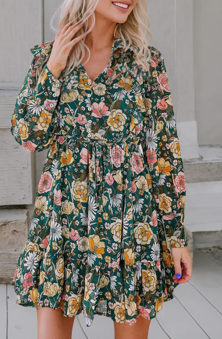 Green Floral Ruffle Dress