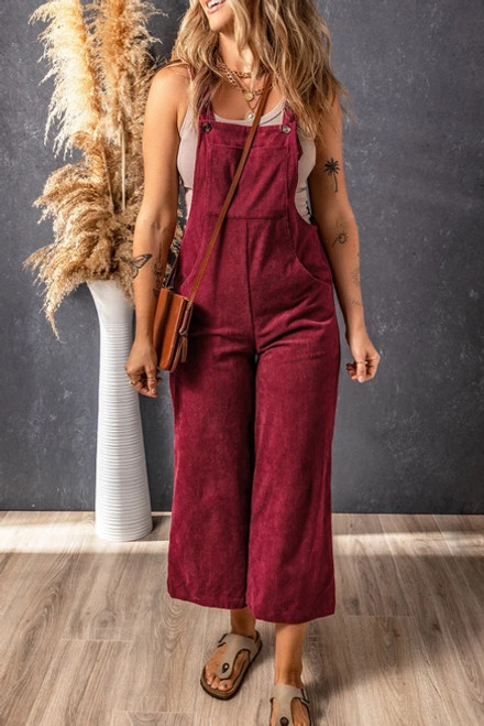 Maroon Corduroy Wide Leg Bib Overalls