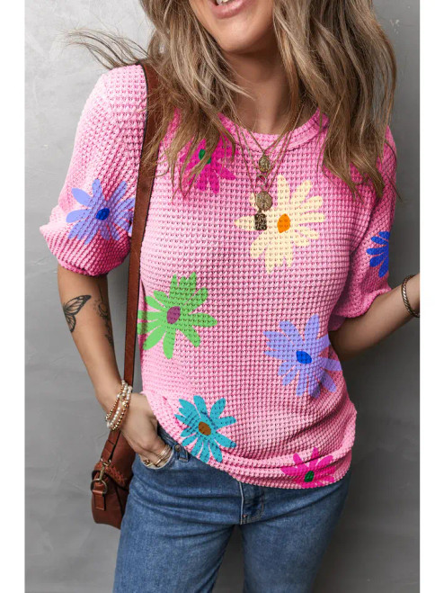 Textured Colorful Floral Print Puff Sleeve T Shirt