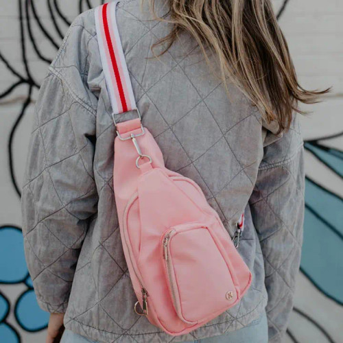 Light Pink Solid Sling Bag with Striped Strap