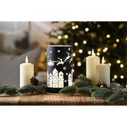 Black Glass Tealight Holder with Sleigh Scene