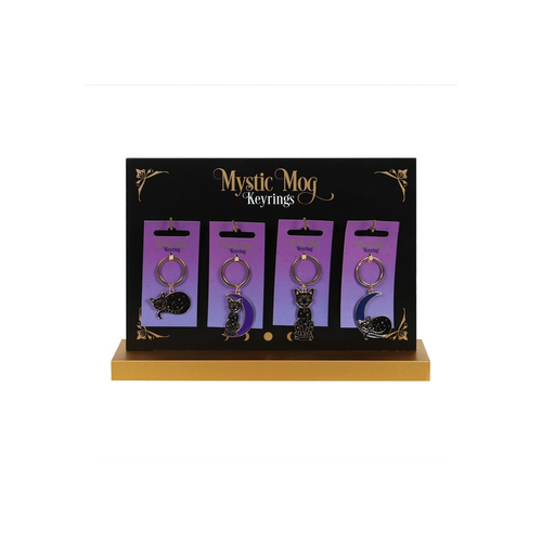 Set of 24 Mystic Mog Cat Keyrings on Display