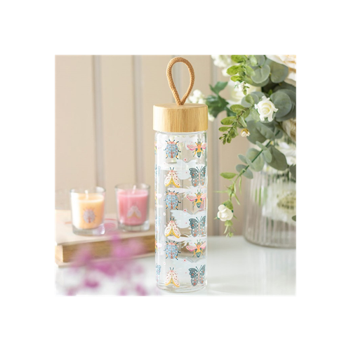 Floral Bug Print Glass Water Bottle